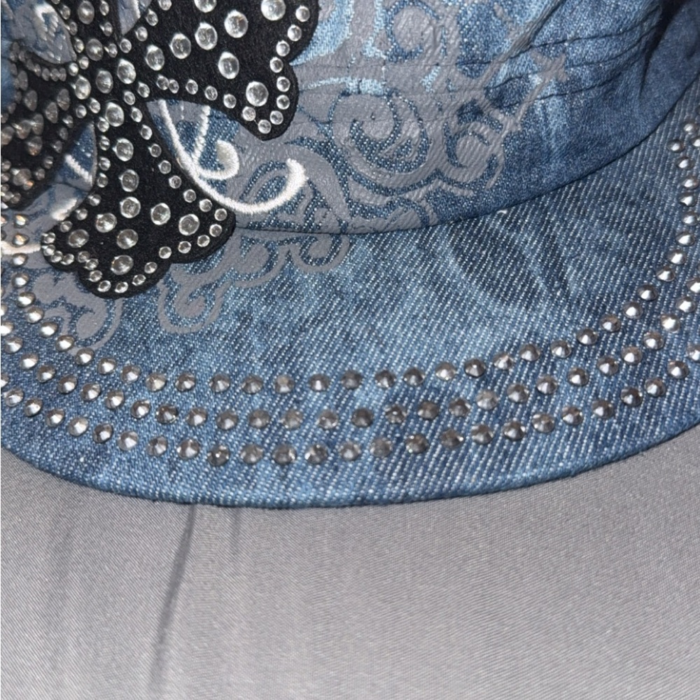 Crown Blue Denim Cap with Butterfly and Studs